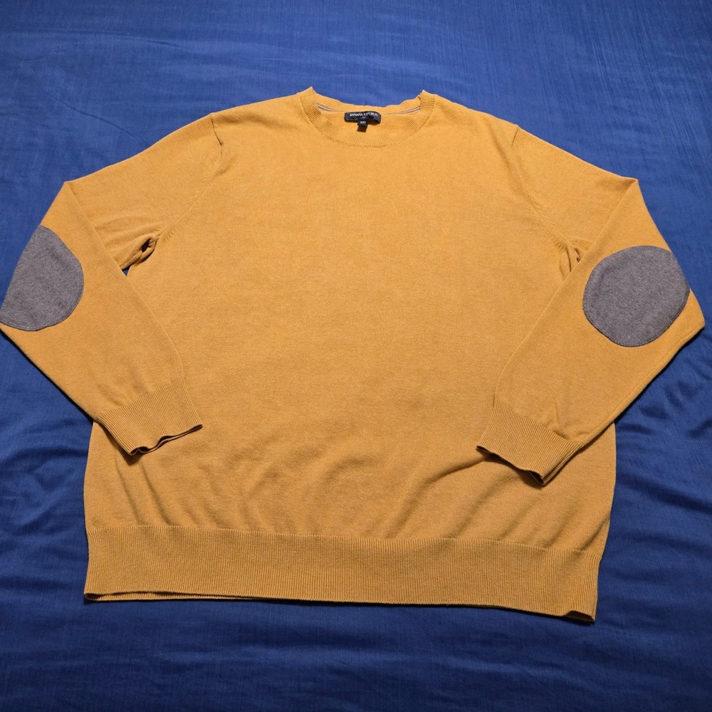 Banana Republic Sweater Mens XXL Yellow  Elbow Patch Cotton Crew Neck Pullover